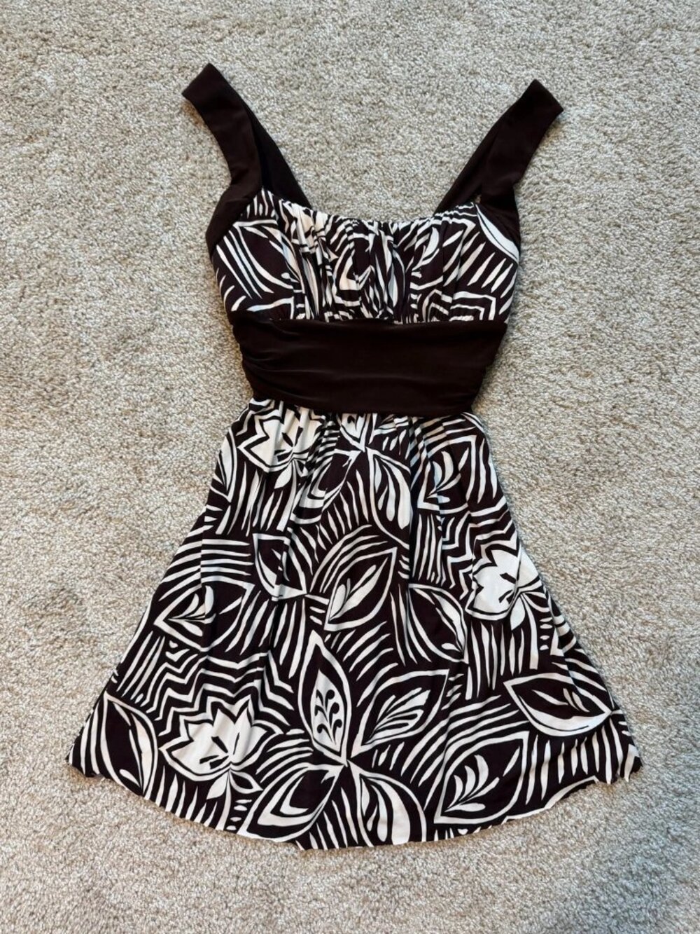 B. Darlin Chocolate Brown Tropical Print Empire Waist Mini Dress